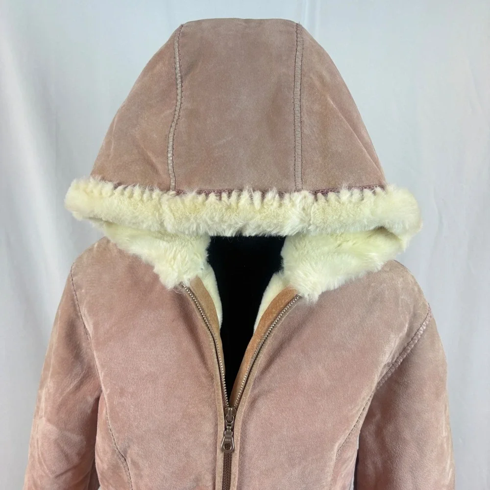 Wilsons Leather Pink Suede‎ Hooded Jacket Faux Fur Shearling Lined Dusty Rose